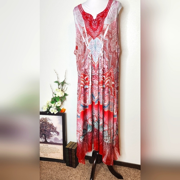 ONE WORLD Dresses & Skirts - NEW One World Elegant Red Sleeveless Maxi Dress Ruching Lace Summer Bohemian